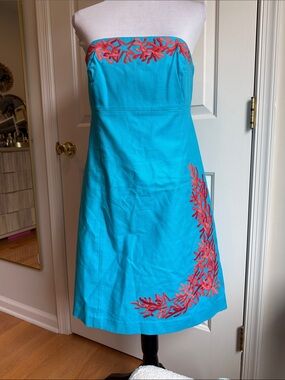 Lilly Pulitzer Strapless Turquoise Dress with Coral Embroidery
